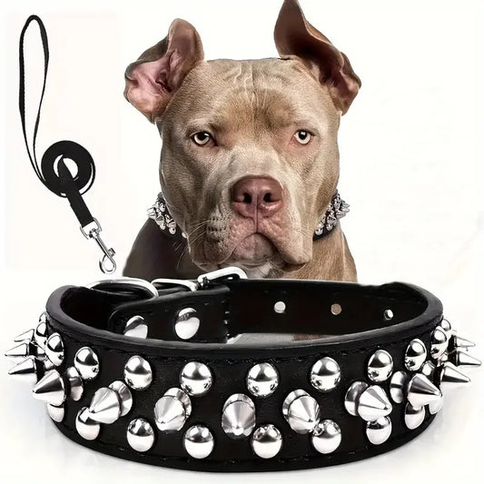 Spiked Leather Dog Collar & Leash Set (Adjustable)