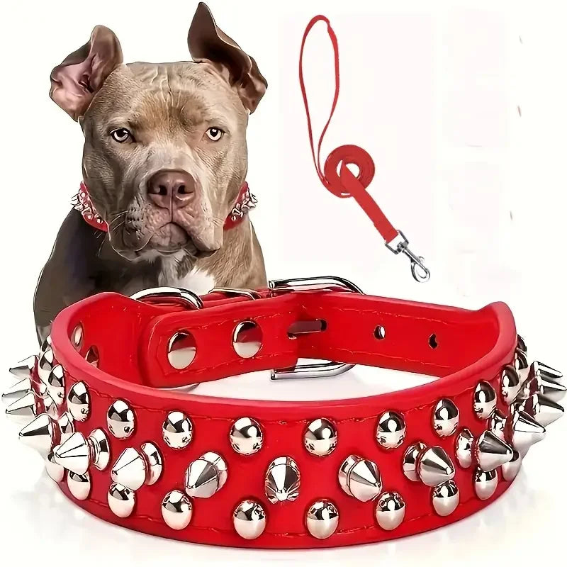 Spiked Leather Dog Collar & Leash Set (Adjustable)