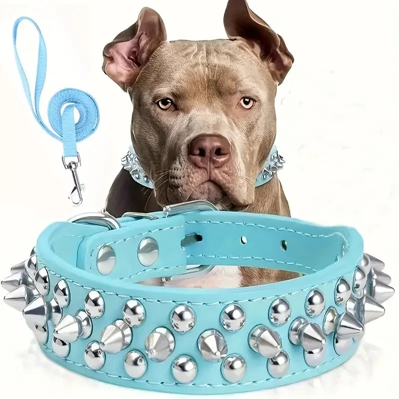 Spiked Leather Dog Collar & Leash Set (Adjustable)