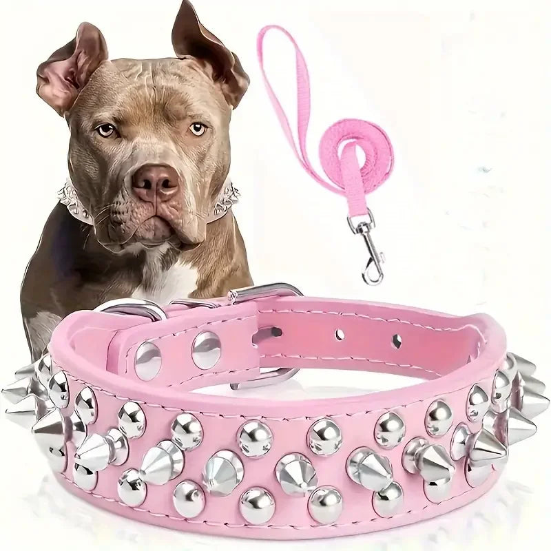 Spiked Leather Dog Collar & Leash Set (Adjustable)