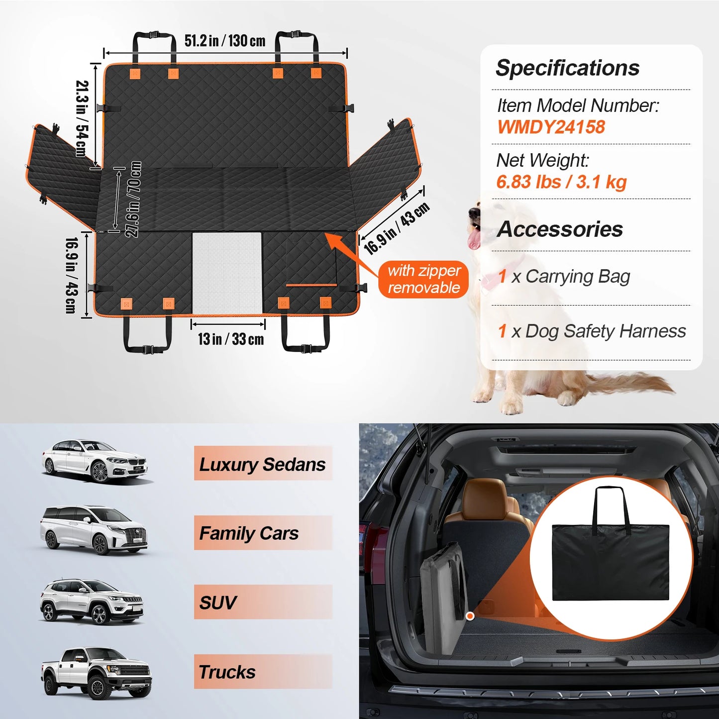 Dog Car Seat Cover & Back Seat Extender (Supports up to 350 lbs)