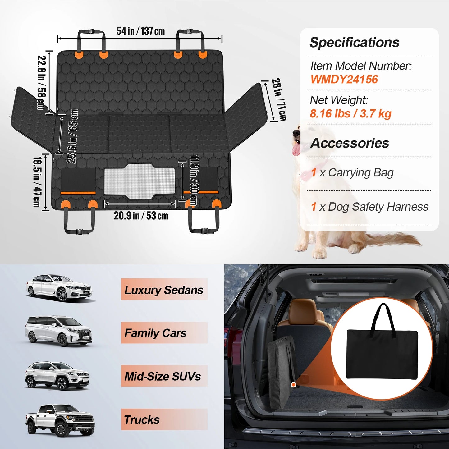Dog Car Seat Cover & Back Seat Extender (Supports up to 350 lbs)